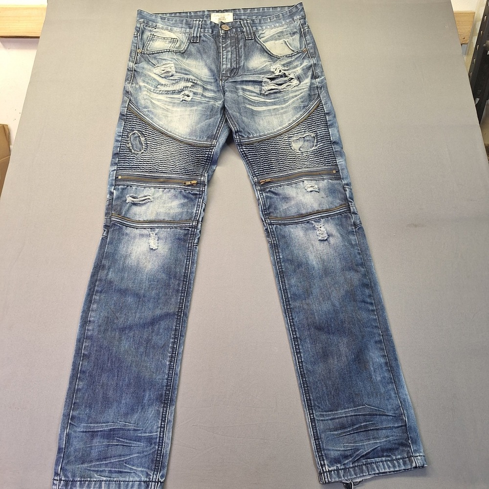 Smoke Rise Mens Moto Distressed Jeans 34x34 Zipper Accents Streetwear Grunge